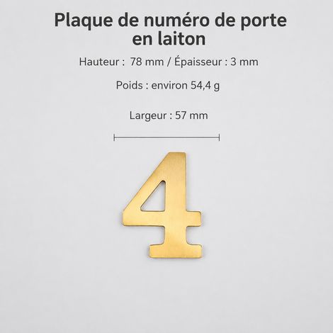 Numéro de maison chiffre 4 en laiton pur mat adhésif 8 cm t4911-8cm 4 8 × 5,7 × 0,3 cm 54 g – Livraison gratuite