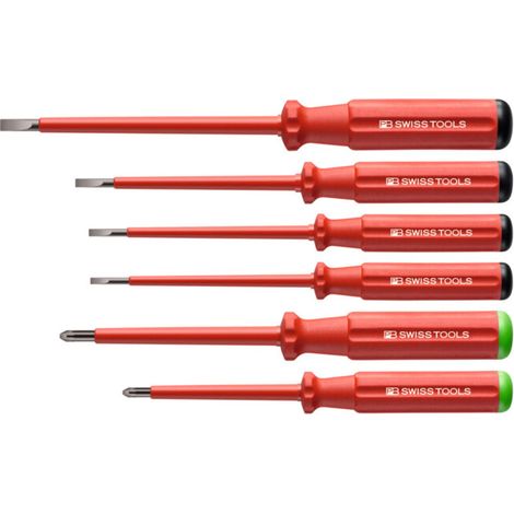 PB Swiss Tools Jeu de 6 tournevis d'électricien pour visà fente et Pozidriv, 100% isolés, Nombre de tournevis: 4/2