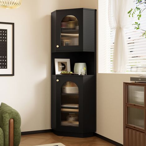 Mobile angolare con striscia LED, 45 x 45 x 166,5 cm, colonna contenitore con ripiani regolabili e 2 ante in vetro, per soggiorno, cucina e bagno, nero