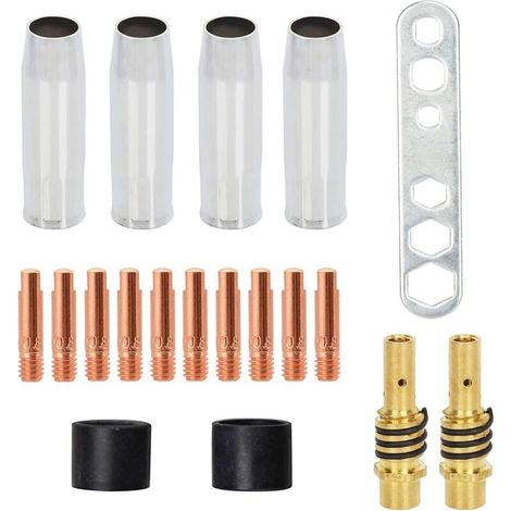 x MIG MAG AK-15 / MB-15 Welding Nozzle/Cone Cap Accessories Wear Parts, 10 x M6 0.88mm Welding Tips and 2 x Nozzle Holders with Fixed Springs (19 Pcs)