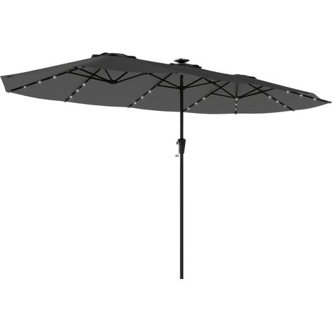 Parasol double de jarden 4 x 2 m avec 36 LED, protection UPF50+, manivelle, 12 baleenes, imperméable, gris foncé (1/5)