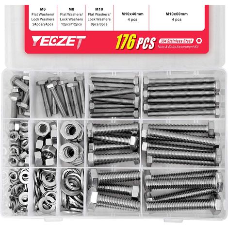 176PCS 304 Inox Boulons et écrous Rondelles Assortiment Kit M6 M8 M10 Industrie Machines Visserie Hexagonal
