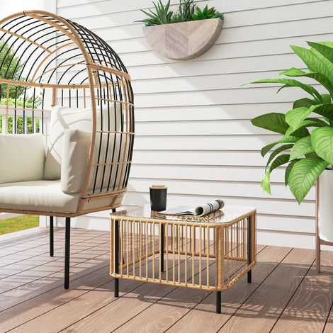 Tavolino da giardino in polyrattan, 65 x 65 x 43 cm, tavolino laterale resistente alle intemperie, quadrato con piano in vetro, legno naturale (1/5)