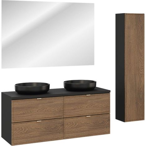 Ensemble SAVIA : meubles sous vasque 120cm + 2 vasques noires rondes à poser + miroir LED + colonne de rangement