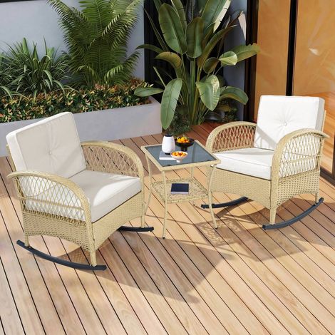 Salon de balcon 3 pièces résine tressée fauteuils coussins beiges table (1/5)