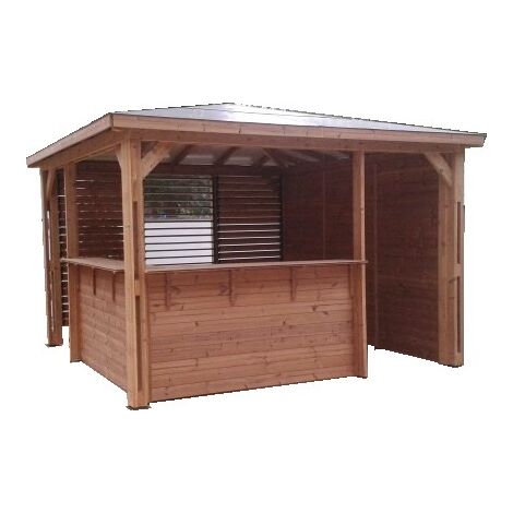 Habrita – Abri de piscine en bois thermochauffé THT 12,32 m² – 2 comptoirs bar – Toit aluminium composite ACP – Dimensions 3530 x 3490 mm