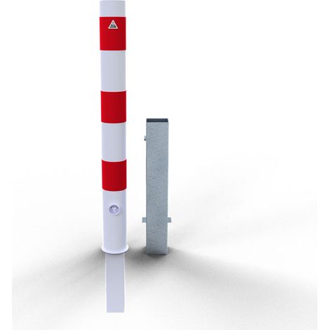 Schake Absperrpfosten herausnehmbar aus Stahlrohr verzinkt Ø89x2,9mm weiß mit rot reflektierenden Leuchtstreifen, Dreikantverschluss und Stahlkappe 900mm Überflur