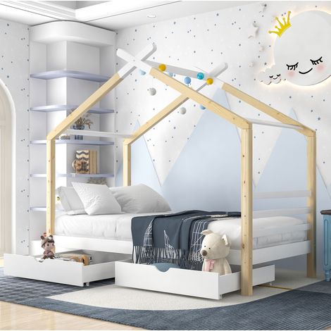 Cama infantil casita 210x96x183 cm blanca y color madera de pino macizo con somier y cajones (1/5)