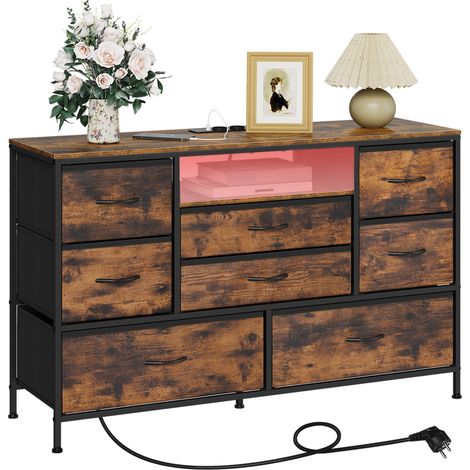 Woltu – Chiffonnier 8 tiroirs en tissu – Meuble TV avec éclairage LED – Armoire avec station de recharge – Brun rustique et noir – Dimensions L120xP36xH75cm (1/5)