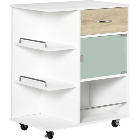 Desserte de cuisine îlot central sur roues pivotantes 360° avec étagères et barrières blanc 65 x 39 x 80 cm