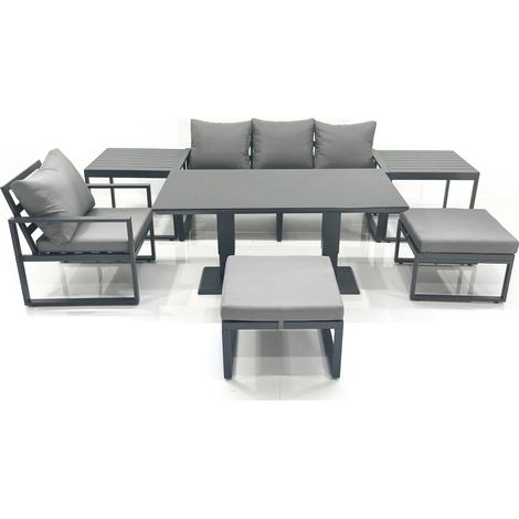 Fimous 6 Seater Garden Sofa Set Aluminium Furniture Rising Dining Tabe Set with Chair 2 Big Footstool 2 Side Tables Dark Grey (1/5)