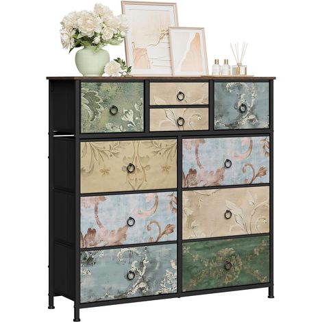 WOLTU Cassettiera con 10 cassetti, Cassettiera in Tessuto, Struttura in Metallo, Legno Lngegnerizzato E1,Marrone Rustico+nero+fiore Retrò