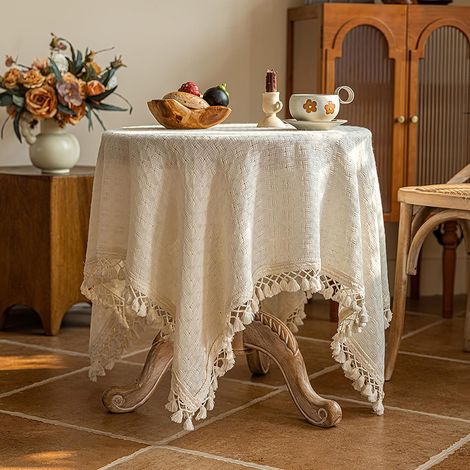 Mantel pequeño cuadrado de algodón y lino con borlas, estampado rústico, antipolvo, estilo shabby chic, 90 x 90 cm, beige. (1/5)