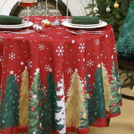 Nappe de table ronde de Noël 200 cm Rouge avec sapin de Noël & flocons de neige, lavable