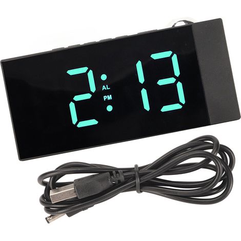 Réveil numérique LED avec projection 180°, luminosité réglable, charge USB, horloge pour bureau et chambre, lumière verte (1/5)