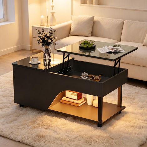 Table Basse Réglable En Hauteur, Ajourée, Rangement Dissimulé, Bande Led Laquée Brillante, Étagère Latérale, Noir, 50 X 100 X 46 cm