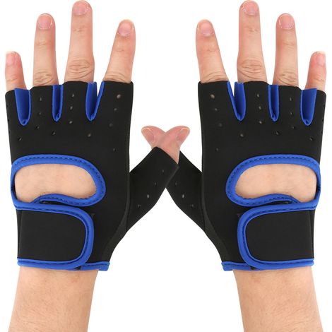 Gants unisexes demi-doigts pour haltérophilie extérieure, antidérapants et respirants, bleus et noirs, taille M. (1/5)