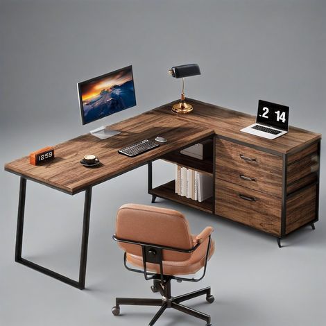 Bureau d'ordinateur réversible en forme de L de 135 cm avec 3 tiroirs et étagères - Bureau de bureau à domicile - Poste de travail multifonctionnel avec rangement (1/5)