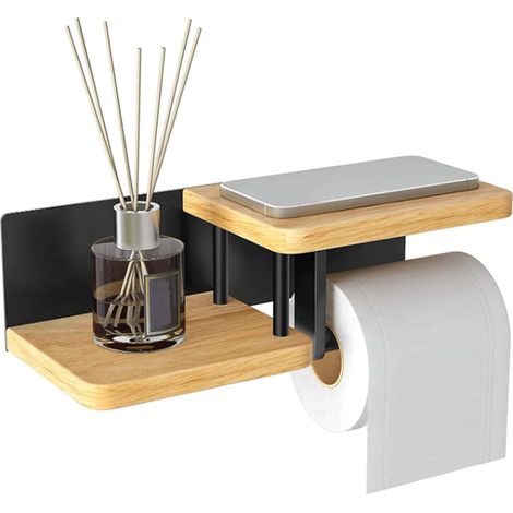 Porta carta igienica da parete in legno, porta carta igienica, non necessita di foratura, per bagno e cucina, installazione senza trapano (1/5)