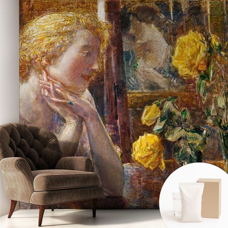 Fototapete Tapete Vliestapete mit Kleber - trendige Wanddeko - Schlafzimmer - Wohnzimmer Frau mit Rosen 250x250 cm (1/5)