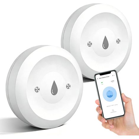 2 Pièces Detecteur de Fuite d'eau WiFi, 50x50x15mm Détecteur de Fuite d'eau Connecté, Intelligent Détecteur d'eau, Détecteur Inondation Connecté étanche IP66 pour Cuisine, Salle de Bains, Cantine (1/5)