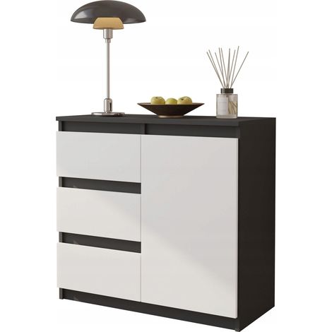 Cómoda de 80 cm, antracita/blanco mate, 3 cajones, 1 estante en la puerta. (1/5)