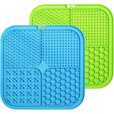 Tapis de Lèche Chien, 2Pcs 20x20cm Tapis Lécher, sans BPA Tapis de Lechage pour Chat avec Ventouse pour Bain, Entraînement, Toilettage (Bleu+Vert) (1/5)