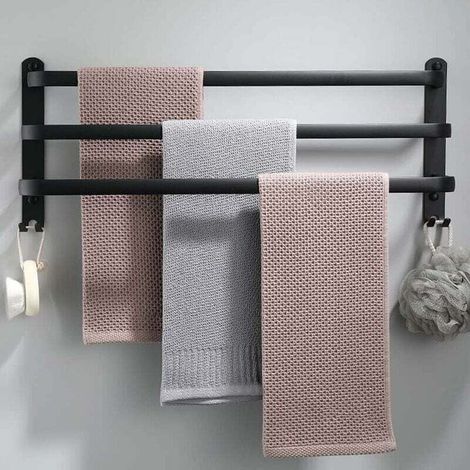 Schwarzer Handtuchhalter fürs Badezimmer – Wandmontierter, selbstklebender Handtuchhalter – wasserfest mit Haken – 70 cm
