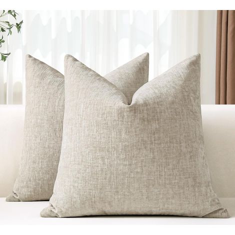 Lot de 2 housses chenille beige 40x40 cm, décoratives lombaires salon