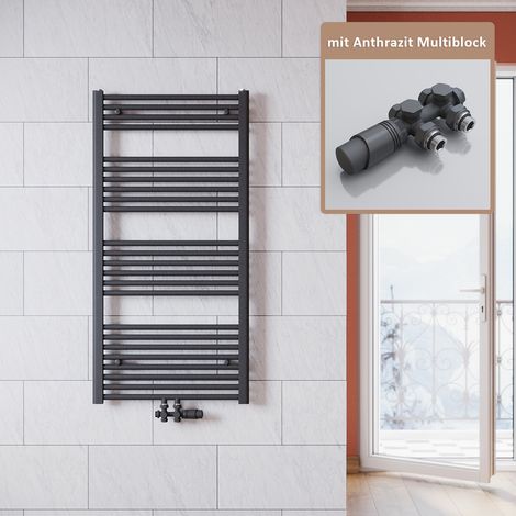 SONNI Radiateur de salle de bain anthracite 1200x600mm Radiateur tête thermostatique sèche-serviettes salle de bain,avec vanne (1/5)