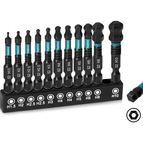 Lot de 11 embouts hexagonaux à tête sphérique de 50 mm - 1/4" - Pour visseuse sans fil H1,5/H2/H2,5/H3/H4/H5/H6/H8/H10 (1/5)