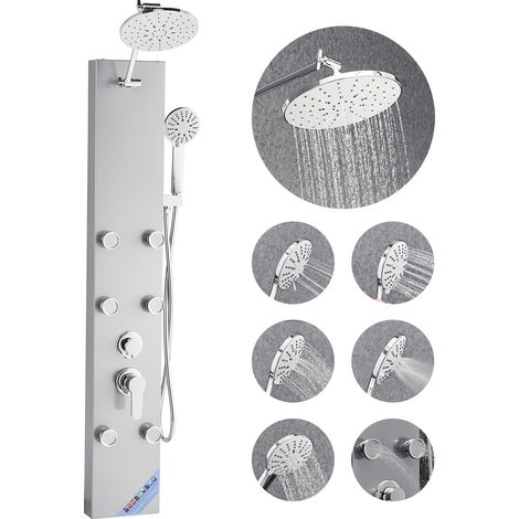 VEVOR Colonne de douche avec pommeau de douche effet pluie, systeme de panneau de douchette mural haute pression acier inox brosse 124 cm, robinet 3 fonctions, avec 6 jets corporels, douchette a main