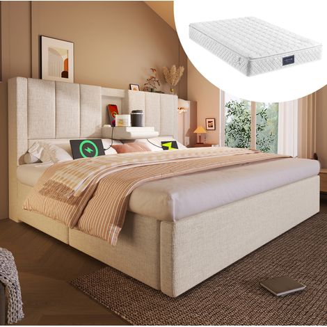 MEUBLIV Cama 140x200 cm beige con almacenamiento hidráulico, carga USB y colchón (1/5)