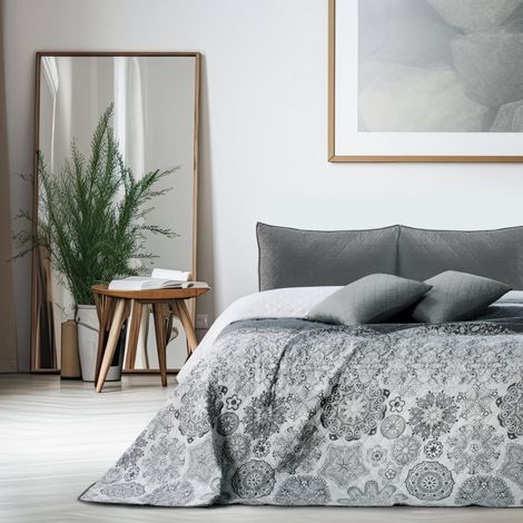 DecoKing Copriletto Reversibile Motivo Floreale Stampato Grigio Acciaio Bianco Alhambra 2 piazze matrimoniale 260x280 cm (1/4)