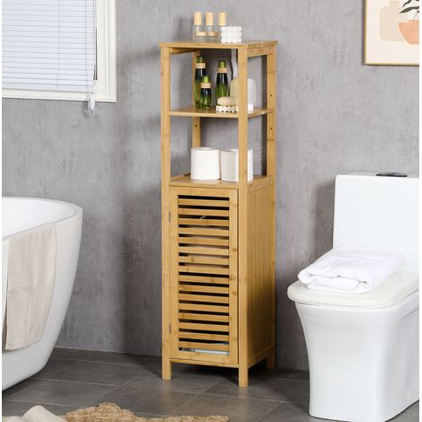 Meuble de salle de bain colonne en bambou naturel, style naturel, 1 porte, 2 étagères ouvertes, étagères réglables, 32,9 x 29,9 x 120 cm (1/5)