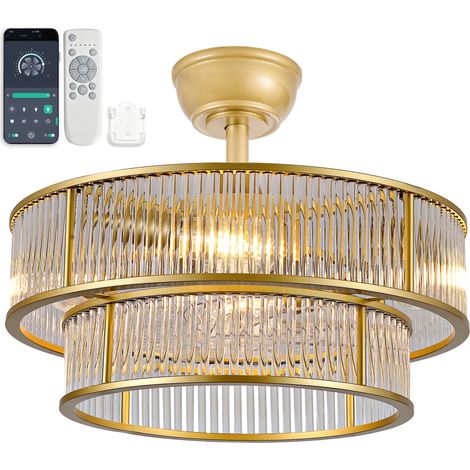 Ventilateur‑plafonnier cristal bague dorée double paroi, Bluetooth App + télécommande, pales masquées sécurité, moteur brushless 25dB, réversible, montage 30min (1/5)