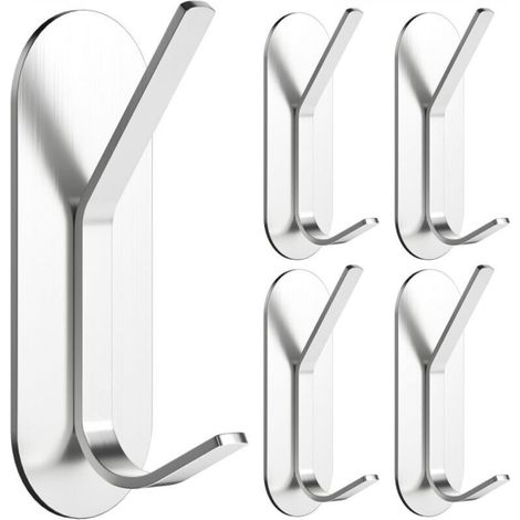 Set di 5 ganci adesivi da parete, ganci per asciugamani da cucina, appendiabiti da parete senza foratura per il bagno (argento)