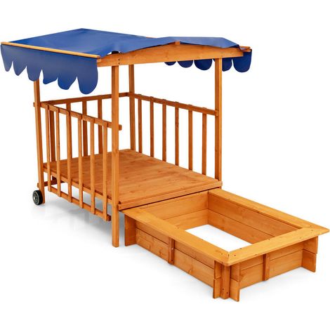 Kids Outdoor Wooden Retractable Sandbox with Cover and Built-in Wheels-Natural (1/5)
