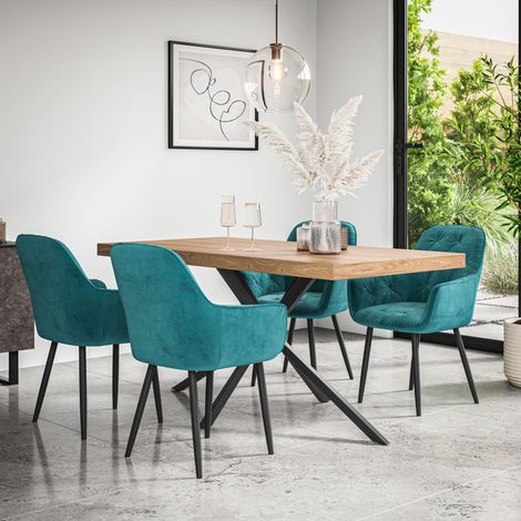 Donni Dining Table And Chairs - Oak Effect Table Top w Black Legs + Anika Velvet Dining Chair Set Of 6 (Blue) (1/5)