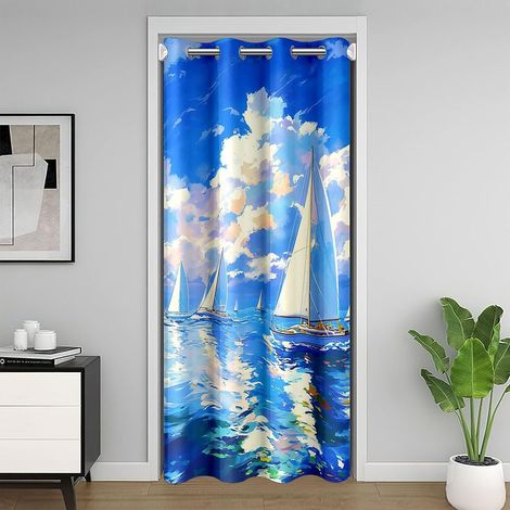 Rideau de porte de bateau à voilier, 132 x 213 cm, aventure nautique de l'océan pour filles, garçons, style peinture à l'huile - 132L X 213H cm (1 Panneaux) (1/5)