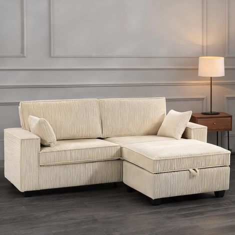 Canapé d'angle modulable beige avec pouf coffre et velours côtelé (1/5)