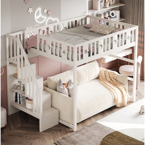 lit enfant mezzanine rangement 140x200 bois blanc OKMYHOME (1/5)