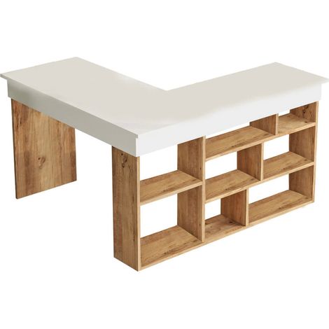 Escritorio con estantes de almacenamiento decorado en madera de pino y blanco L180 cm (1/5)