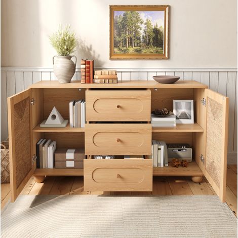Credenza 140x40x80 cm con 2 ante in rete di corda e 3 cassetti, piedini in pino, MDF e truciolare, naturale (1/5)