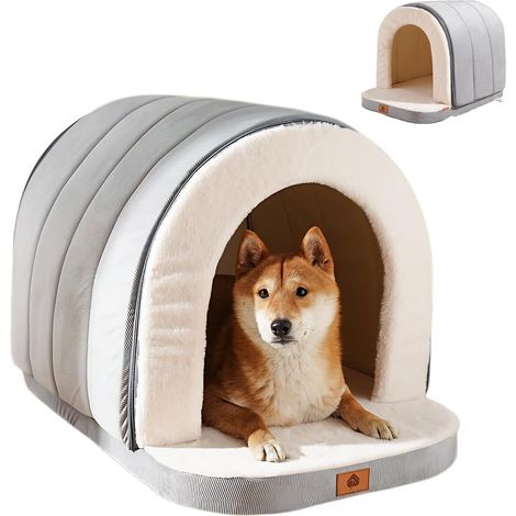 Niche pour chat pliable et confortable, maison pour animal domestique avec intérieur en sherpa chaud, lit douillet gris pour chat et petit chien (1/5)