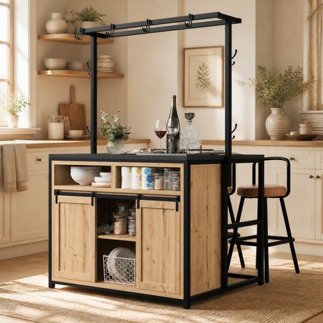 Set isola cucina con 2 sgabelli, mobile cucina con presa elettrica, effetto legno e nero, OKWISH (1/5)