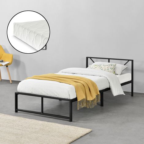 Cama Simple de metal Meran con Colchón de Espuma fría - 90 x 200 cm Somier Acero Negro [en.casa] (1/5)