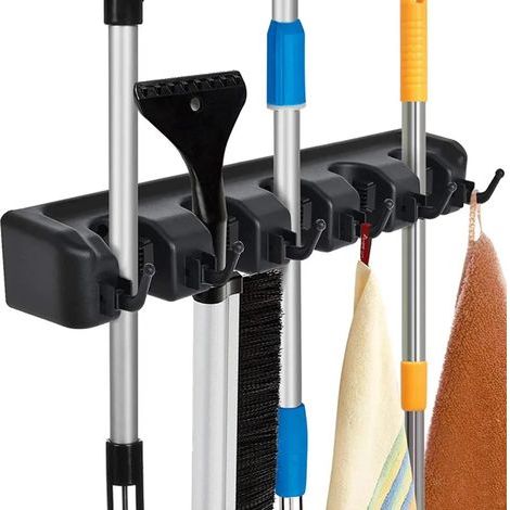 Wandmontierter Besenhalter mit 6 Haken, geeignet für die Wandmontage in Haus, Garage, Küche, Bad und Garten.