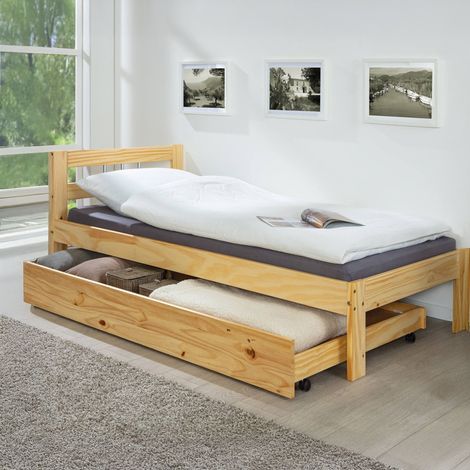 Dmora Ausziehbare Schublade mit Rollen für Bett, in Kiefer massiv naturfarben, Maße 199 x 94 x 22 cm (1/5)