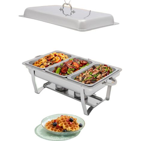 Fuente para servir, acero inoxidable 410, 56 x 35,5 x 7,5 cm, 3 compartimentos para alimentos, capacidad de 3 L por compartimento, forma rectangular (1/5)